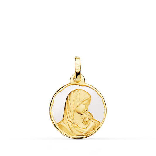 18K MEDALLA ORO AMARILLO VIRGEN MADRE AMOR MATERNAL ESMALTE BLANCO 16 MM