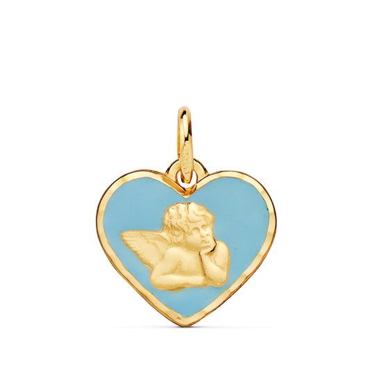 18K MEDALLA ORO AMARILLO CORAZON ANGELITO BURLON ESMALTE AZUL 14 MM