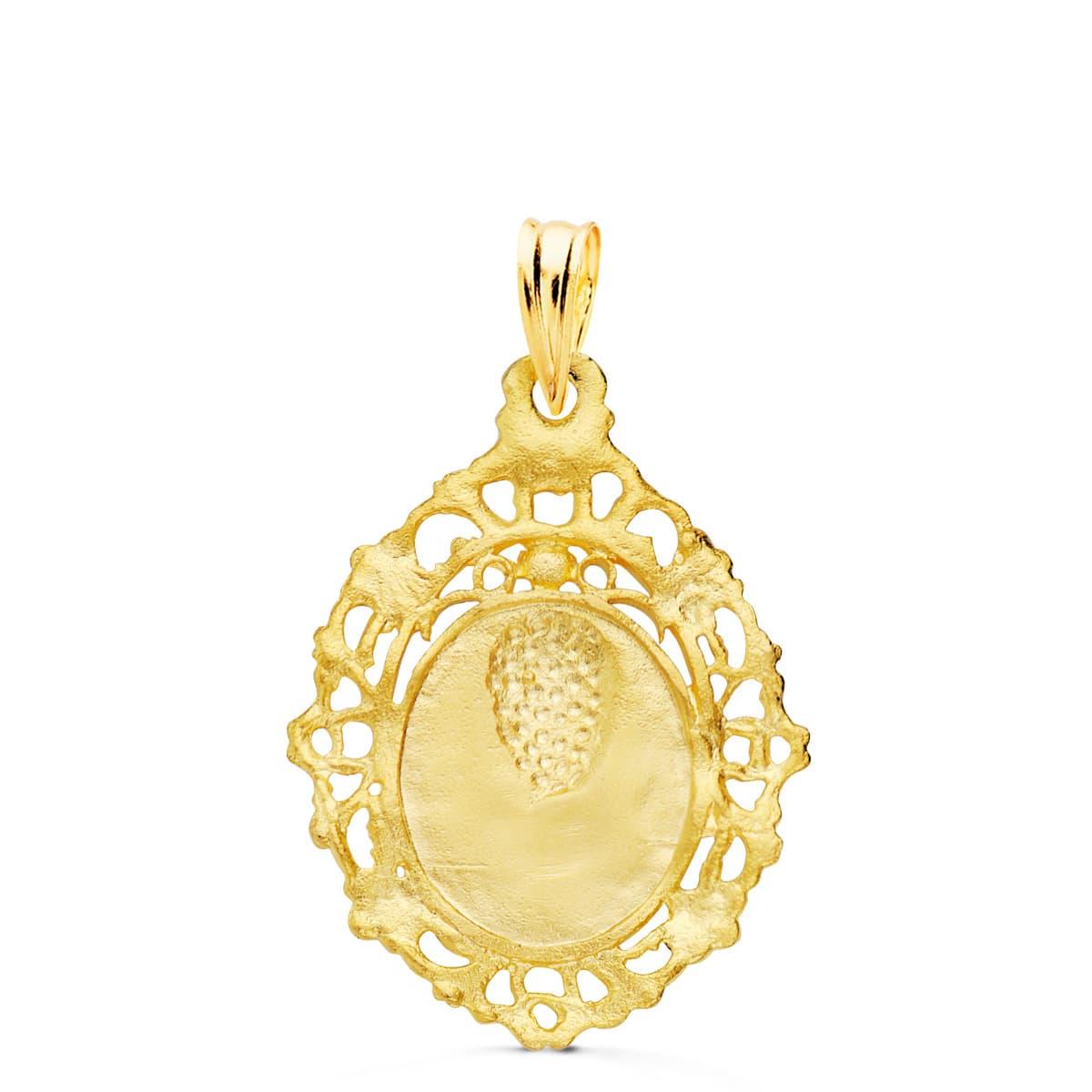 18K MEDALLA ORO AMARILLO VIRGEN DE LA MACARENA CERCO FILIGRANA 27X20 MM