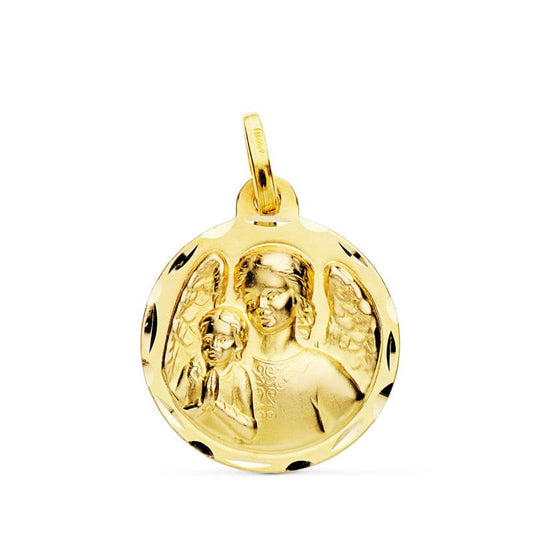 18K Medalla Oro Amarillo Angel De La Guarda Con Niño Tallada 18 Mm