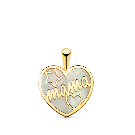 18K Colgante Corazon Oro Amarillo Con Nacar Mama Y Dibujo De Estrella Y Corazon 16X14Mm