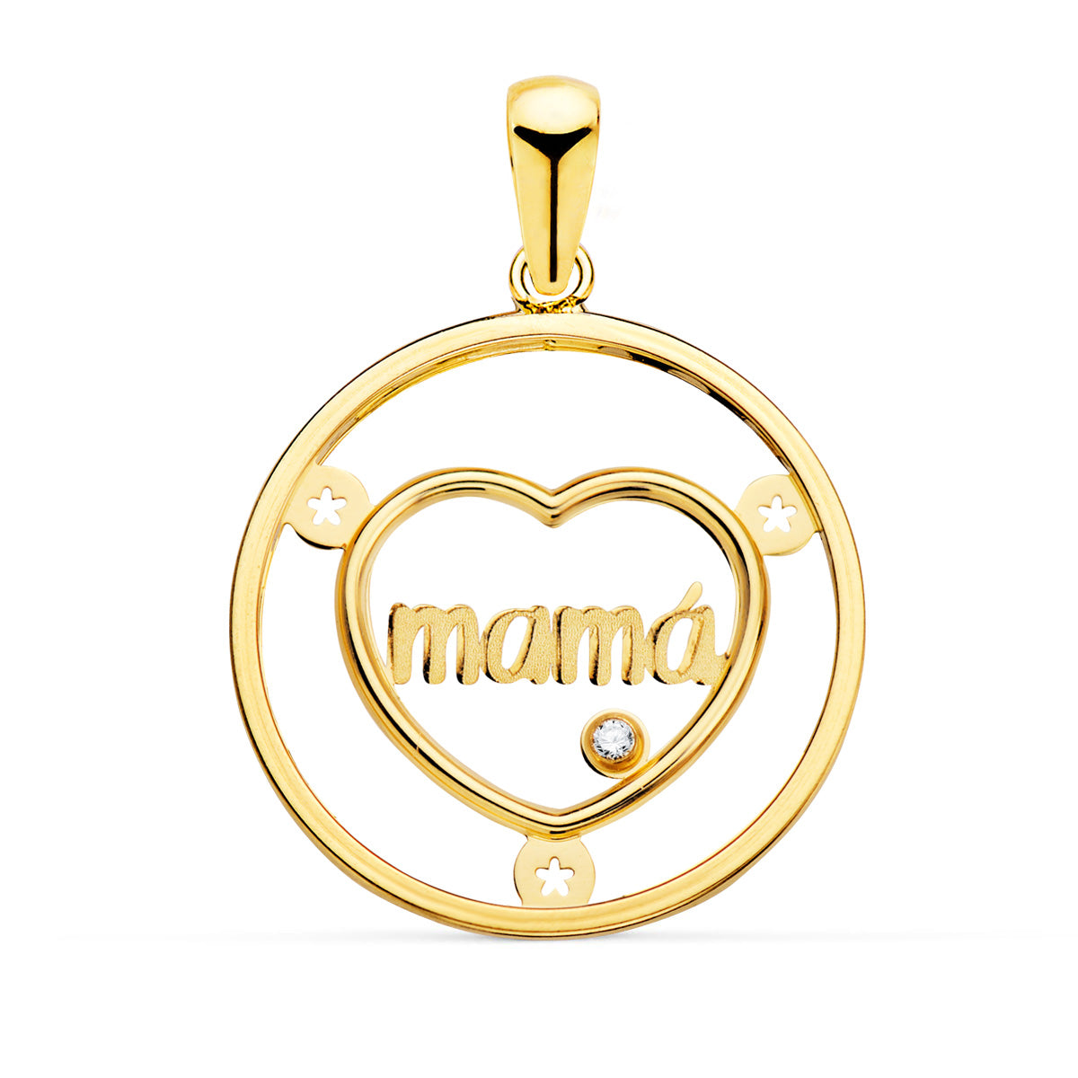 18K Colgante Oro Amarillo Corazon Con Mama Y Circonita Redondo 20Mm