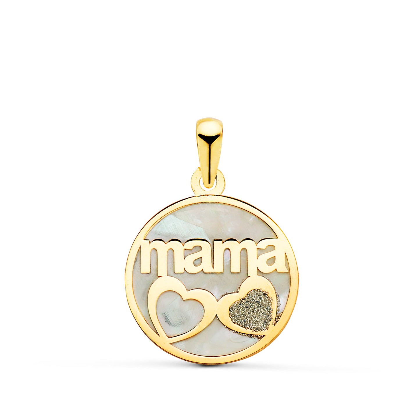 18K Colgante De Nacar Oro Amarillo Mama Y Corazon Con Polvo De Diamante 16Mm