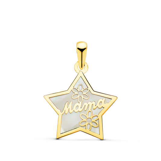 18K Colgante De Nacar Forma Oro Amarillo De Estrella Y Mama Con Flores 16X15Mm