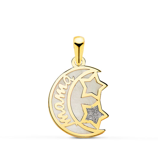 18K Colgante De Oro Amarillo Nacar Forma De Luna Y Mama Con Estrellas 16X13Mm