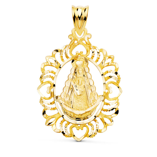 18K MEDALLA ORO AMARILLO VIRGEN DEL ROCIO CERCO TALLADO 30X22 MM