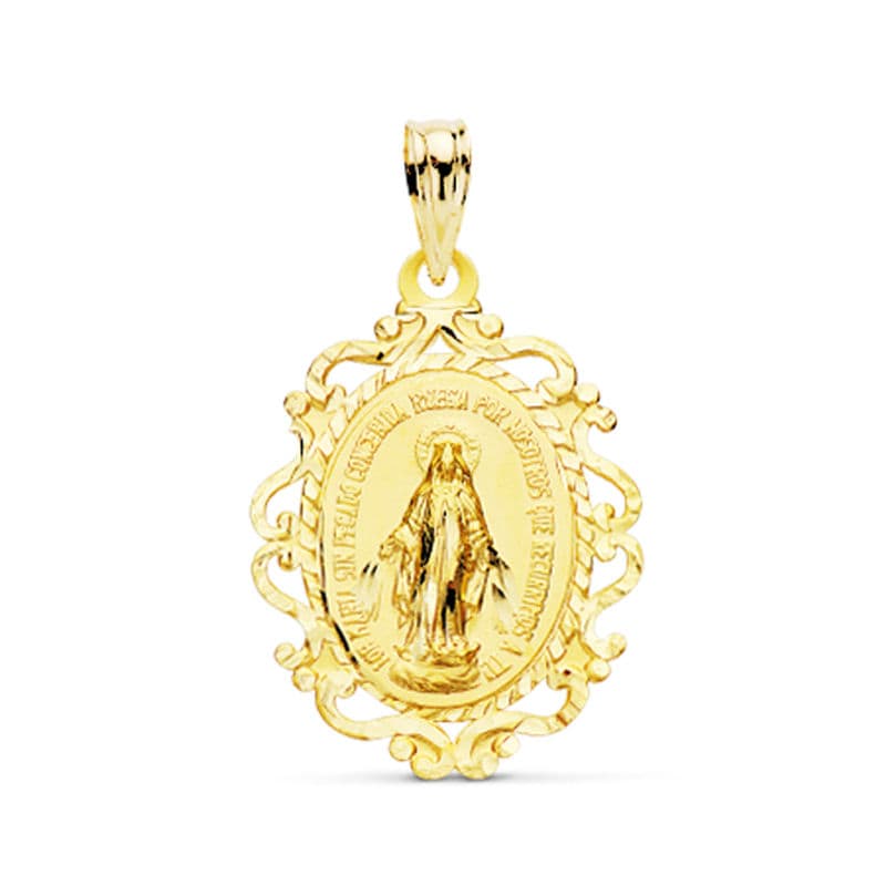 9K Medalla Oro Amarillo Virgen De La Milagrosa Cerco En Español 23X16 Mm 1.15Gr