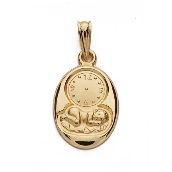 18K Medalla Oro Amarillo Niño Y Reloj 20X12 Mm