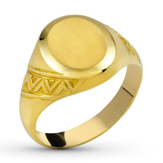 18K Sello Oro Amarillo Macizo Oval Motivo Lateral. Zona Grabado: 12X11 Mm
