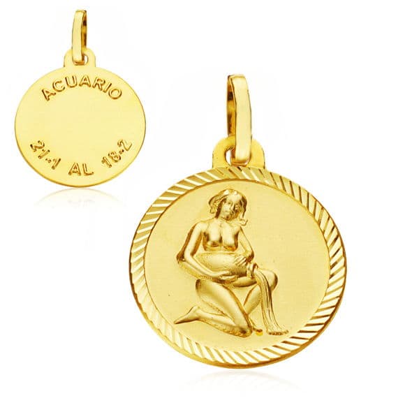 9K Horoscopo Oro Amarillo Disco 16 Mm Acuario
