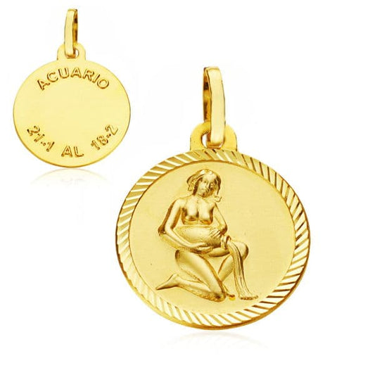 9K Horoscopo Oro Amarillo Disco 16 Mm Acuario