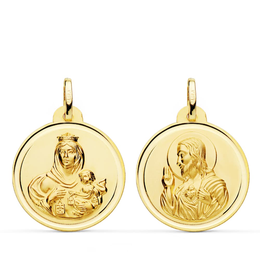 9K Escapulario Oro Amarillo Virgen Del Carmen Corazon De Jesus Bisel 22 Mm