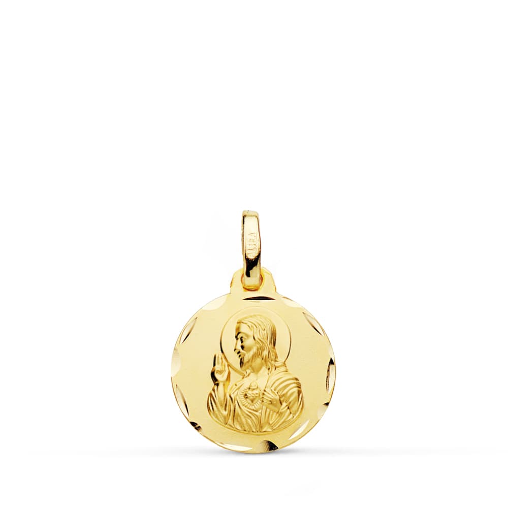 9K Medalla Oro Amarillo Corazon De Jesus Tallada 14 Mm