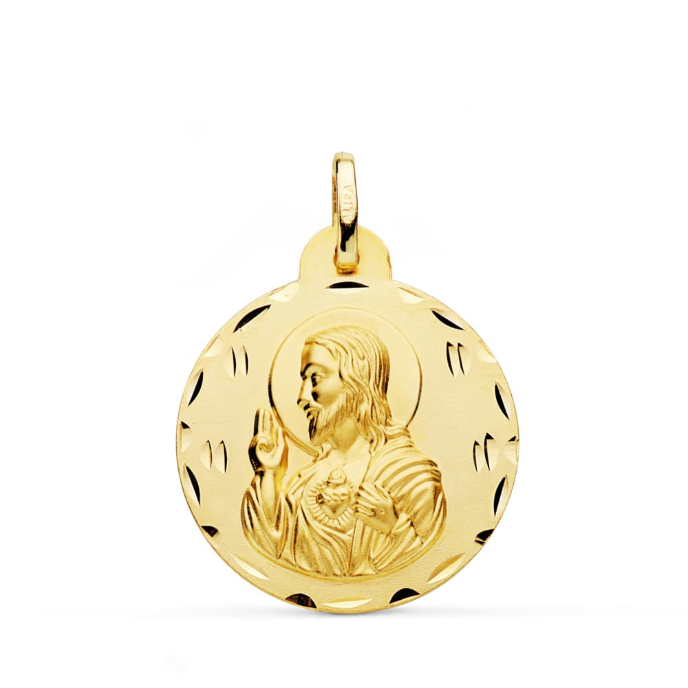 18K MEDALLA ORO AMARILLO CRISTO SAGRADO CORAZON DE JESUS TALLADA 24 MM