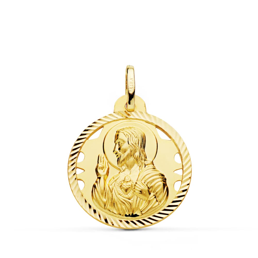 18K MEDALLA ORO AMARILLO CRISTO SAGRADO CORAZON DE JESUS HELICE CALADA 22 MM