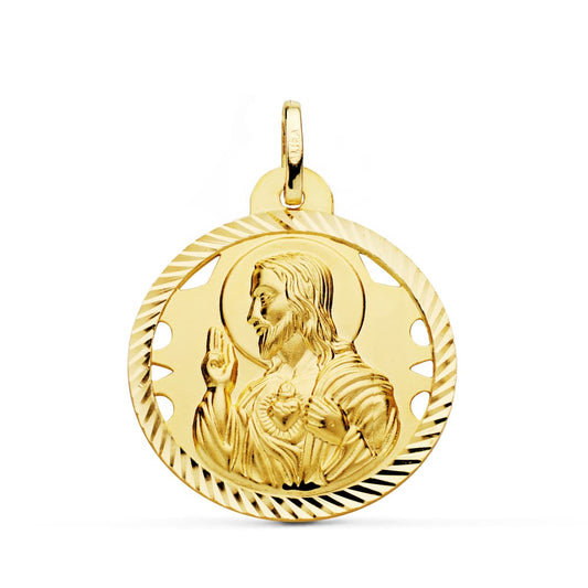 18K MEDALLA ORO AMARILLO CRISTO SAGRADO CORAZON DE JESUS HELICE CALADA 26 MM