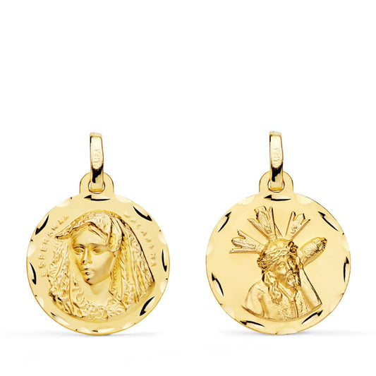 9K Escapulario Oro Amarillo Virgen Macarena Y Gran Poder Tallada 18 Mm