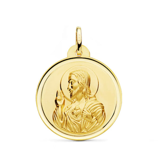 18K MEDALLA ORO AMARILLO CRISTO SAGRADO CORAZON DE JESUS BISEL 26 MM