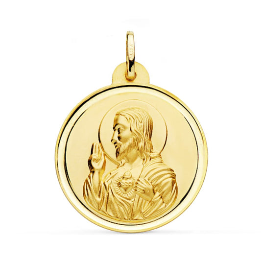 18K MEDALLA ORO AMARILLO CRISTO SAGRADO CORAZON DE JESUS BISEL 28 MM