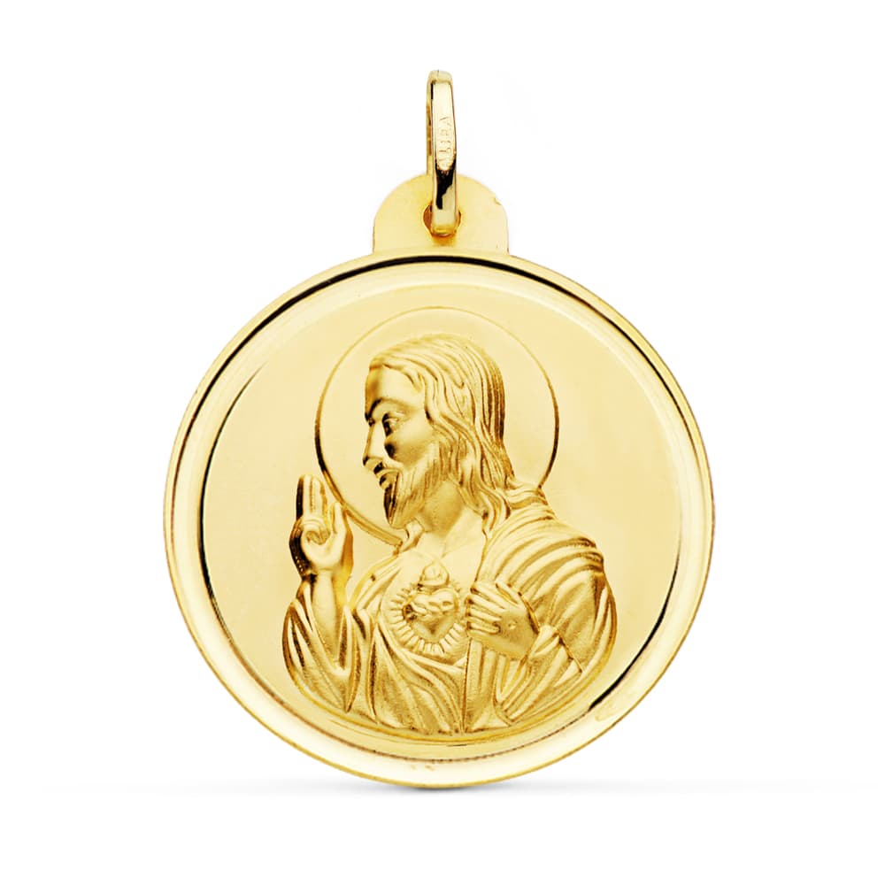 18K MEDALLA ORO AMARILLO CRISTO SAGRADO CORAZON DE JESUS BISEL 30 MM