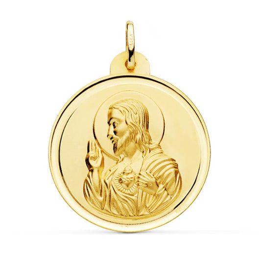 18K MEDALLA ORO AMARILLO CRISTO SAGRADO CORAZON DE JESUS BISEL 30 MM