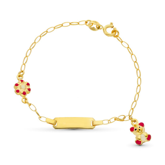 18K Esclava Oro Amarillo Oso Y Flor Esmalte 13Cm