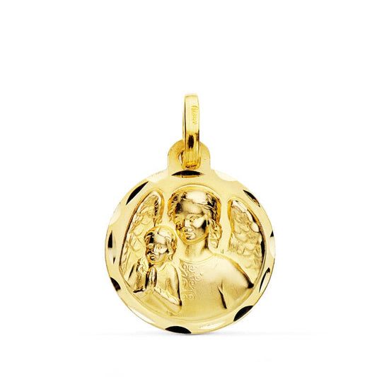 18K Medalla Oro Amarillo Angel De La Guarda Con Niño Tallada 16 Mm