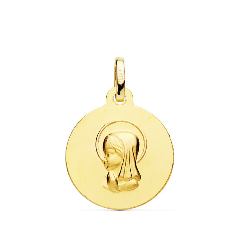 18K Medalla Oro Amarillo Virgen Niña 16 Mm Tallada