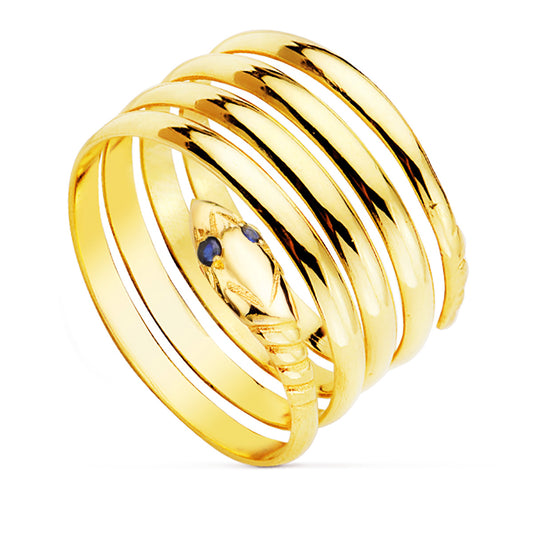 9K Sortija Oro Amarillo Serpiente 4 Vueltas Con Ojos De Zafiros. Ancho: 15 Mm