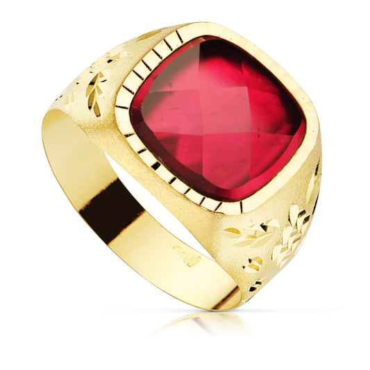 9K SELLO ORO AMARILLO HUECO PIEDRA ROJA LATERAL TALLADO. ANCHO: 14 MM