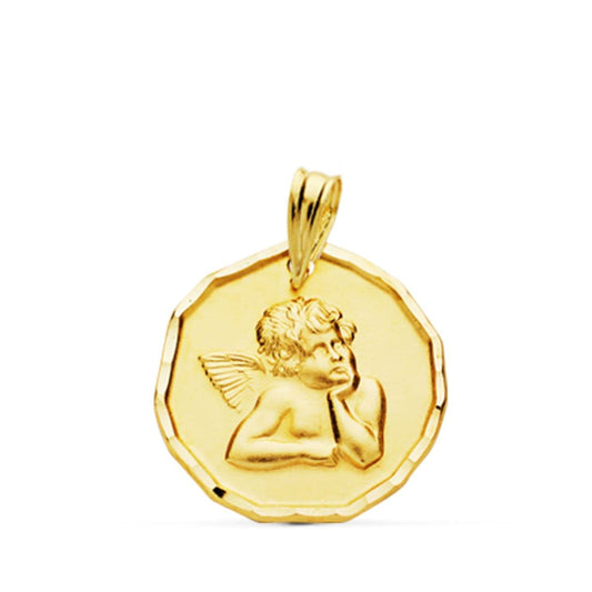 9K Medalla Oro Amarillo Angelito Burlon Mate Bordes Tallados 18 Mm