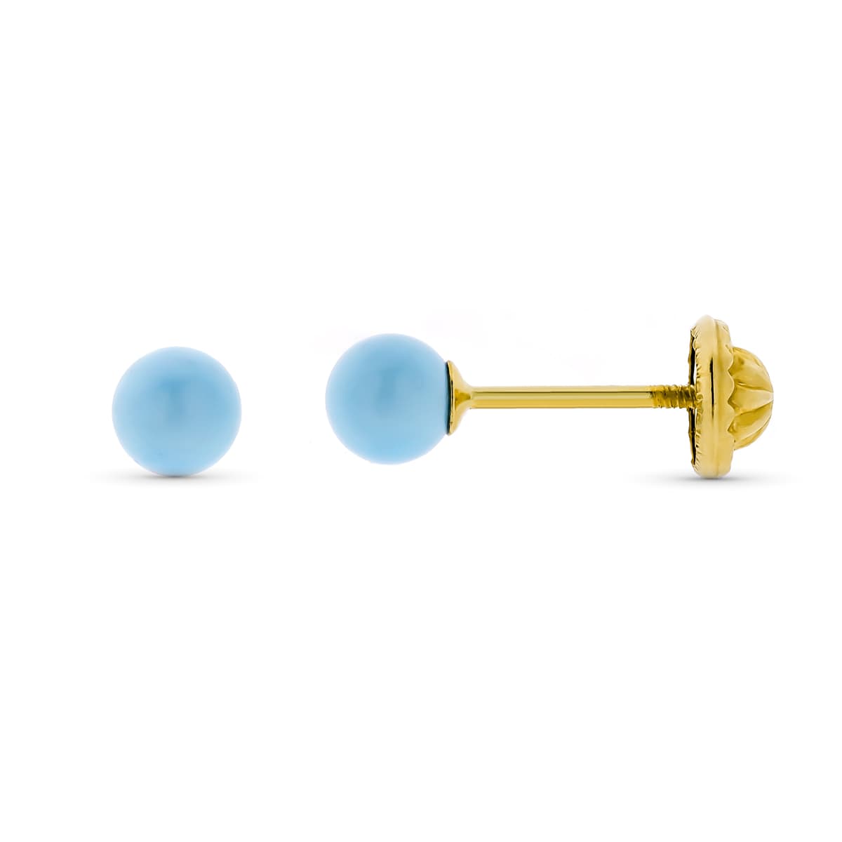 9K PENDIENTES ORO AMARILLO TURQUESA REDONDA DE 4 MM. CIERRE TUERCA