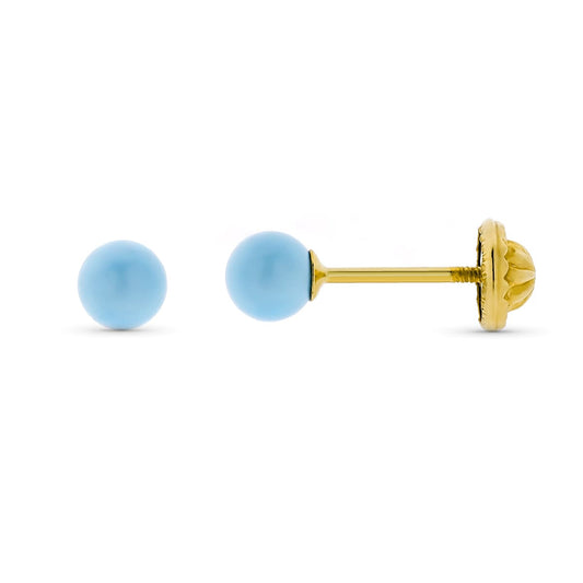 9K PENDIENTES ORO AMARILLO TURQUESA REDONDA DE 4 MM. CIERRE TUERCA