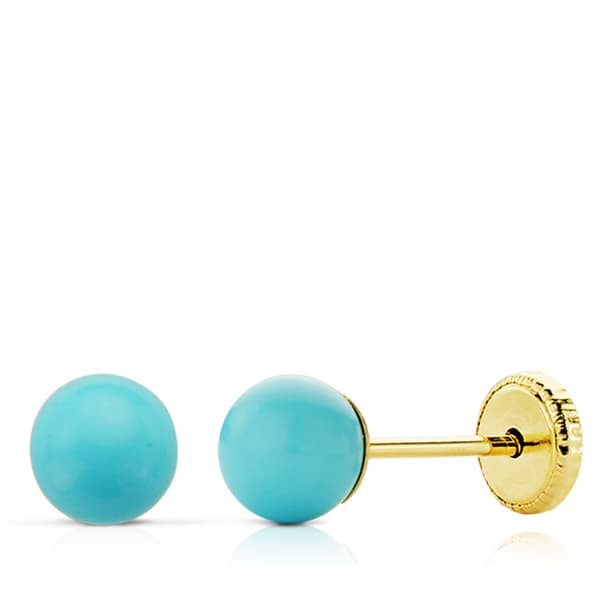 9K PENDIENTES ORO AMARILLO TURQUESA REDONDA 5 MM. CIERRE TUERCA