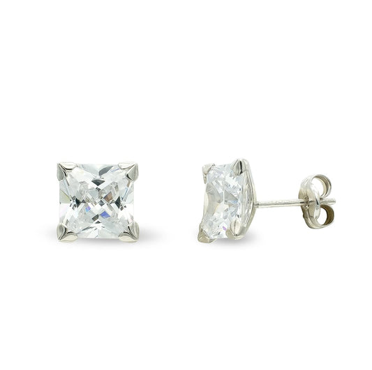 9K Pendientes Oro Blanco Circonita 7 Mm Garras Cierre Presion