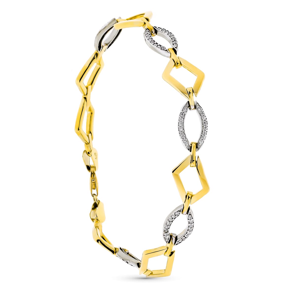 9K Pulsera Oro Bicolor Rombos Con Circonita 19Cm