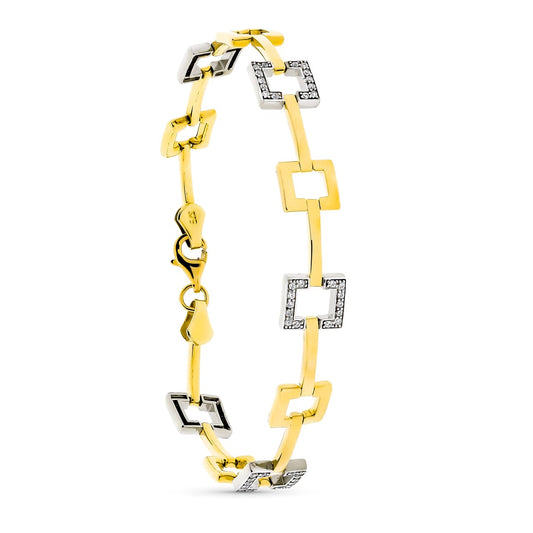 9K Pulsera Oro Bicolor Cuadrados Con Circonita 19Cm