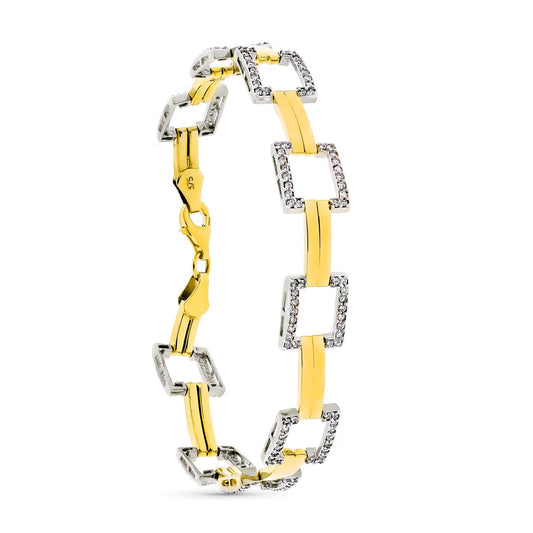 9K Pulsera Oro Bicolor Cuadrados Y Circonita 19Cm