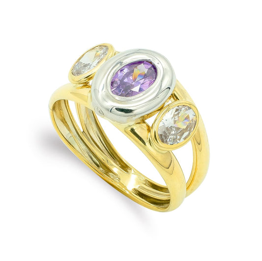 9K Sortija Oro Bicolor Piedra Doble Cuerpo Con Circonita Amatista Oval En Bocel. Ancho: 10 Mm