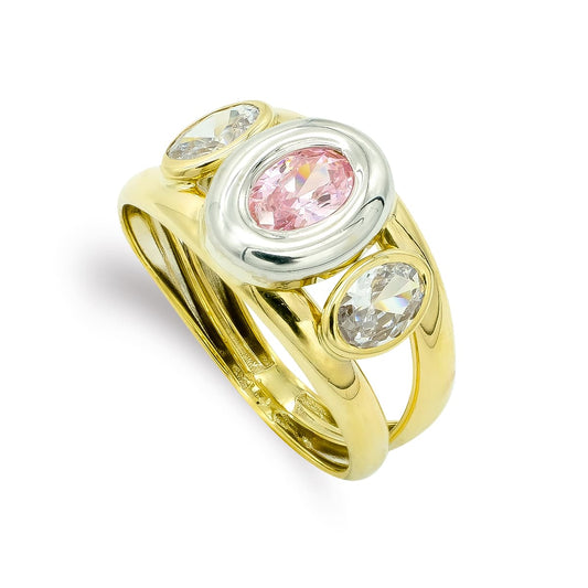 9K Sortija Oro Bicolor Piedra Doble Cuerpo Con Circonita Rosa Oval En Bocel. Ancho: 10 Mm