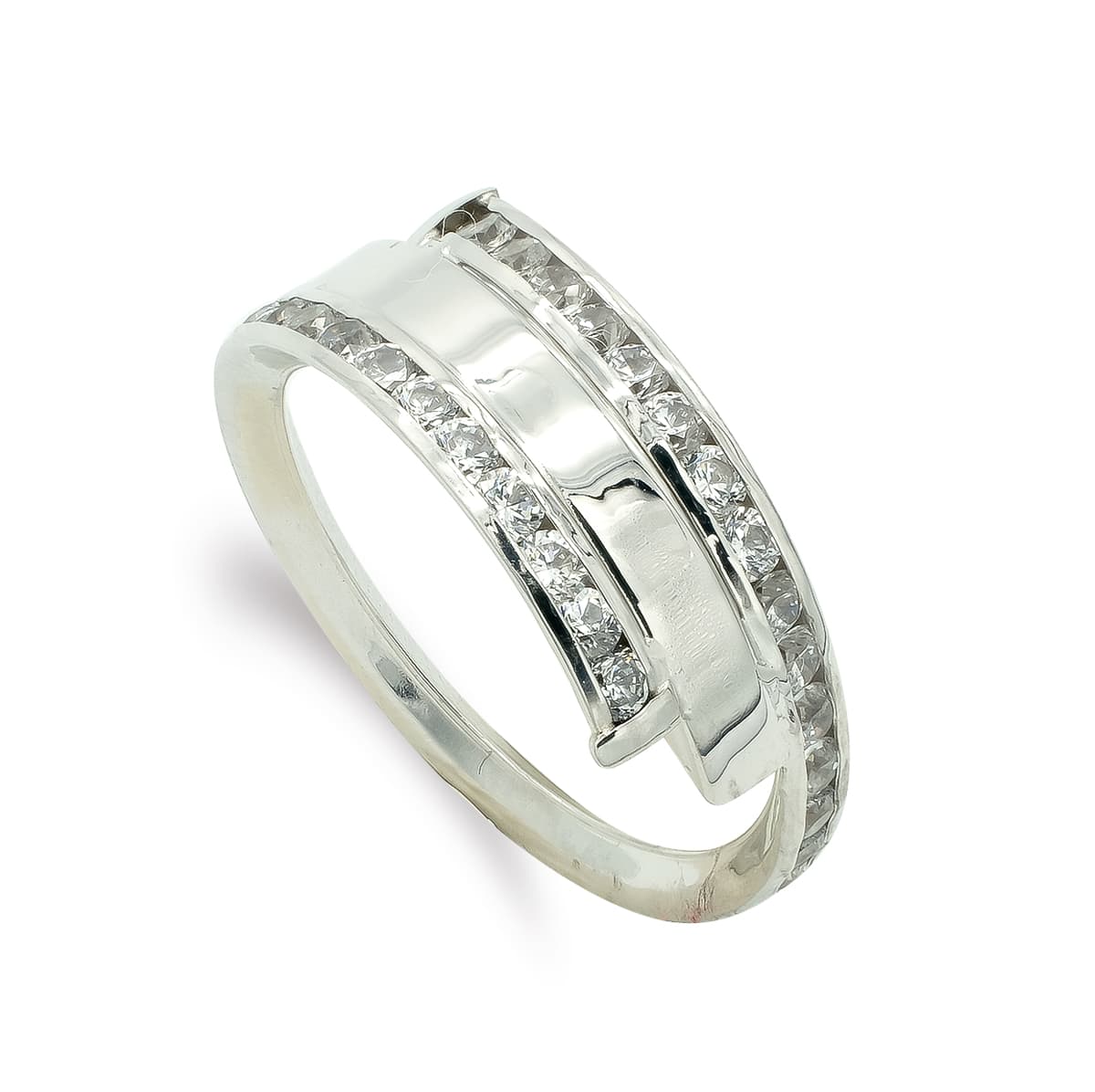 9K Sortija Oro Blanco Con Circonitas. Ancho: 7,5 Mm