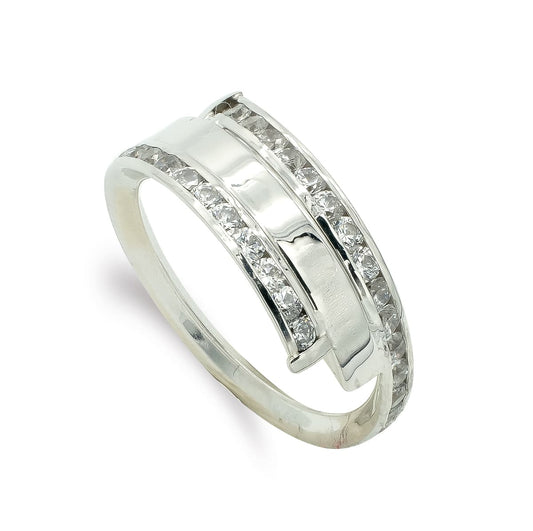 9K Sortija Oro Blanco Con Circonitas. Ancho: 7,5 Mm