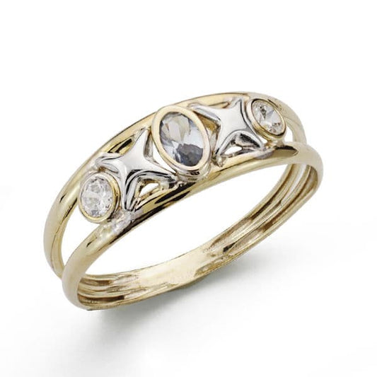 9K SORTIJA ORO BICOLOR DOBLE CUERPO CON ESTRELLAS Y CIRCONITAS COLOR AGUAMARINA. ANCHO: 6,5 MM