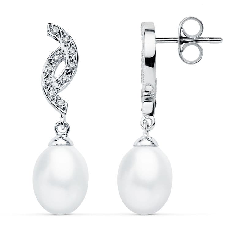 9K Pendientes Oro Blanco Perla 30X9 Mm Cierre Presion