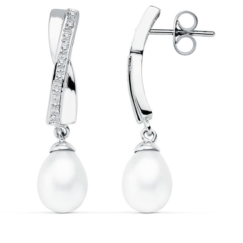 9K Pendientes Oro Blanco Perla 32X7 Mm Cierre Presion
