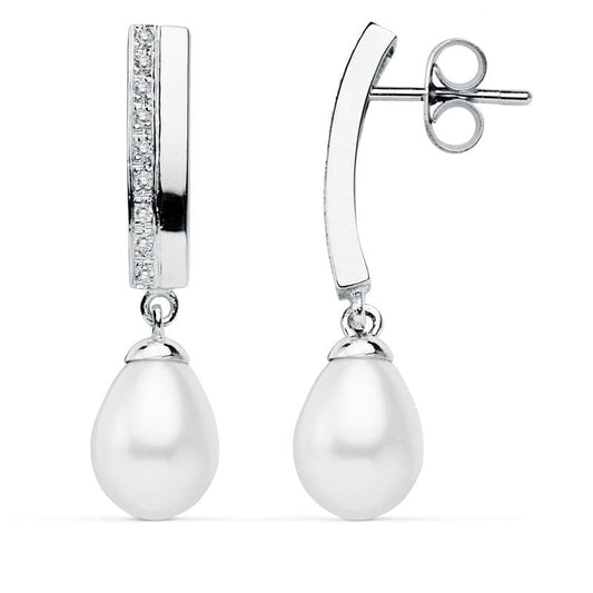 9K Pendientes Oro Blanco Perla 30X7 Mm Cierre Presion