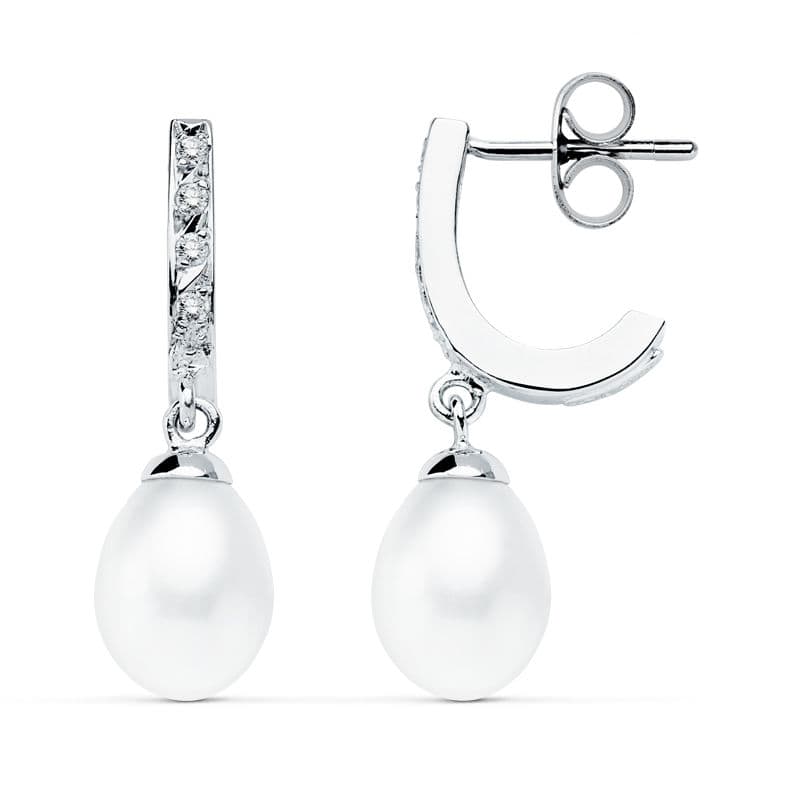 9K Pendientes Oro Blanco Perla 25X7 Mm Cierre Presion