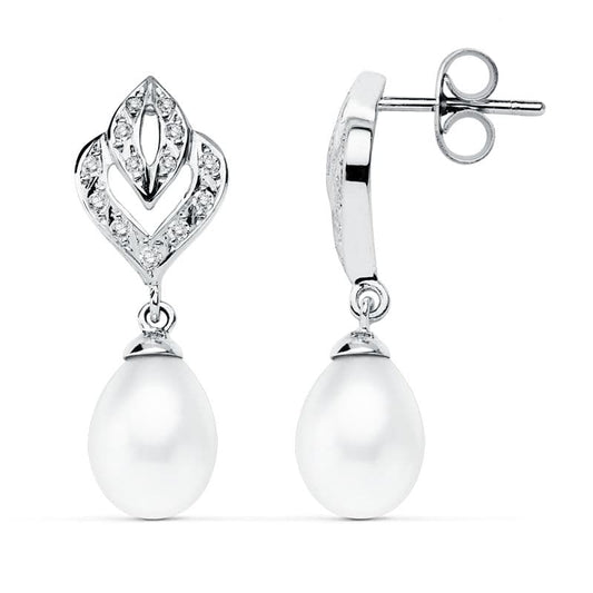 9K Pendientes Oro Blanco Perla 28X10 Mm Cierre Presion