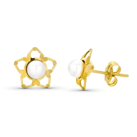 9K Pendientes Oro Amarillo Estrella Perla 4Mm Total 9Mm Presion