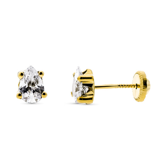9K Pendientes Oro Amarillo Garras Talla Lagrima 6X4 Mm Cierre Tuerca